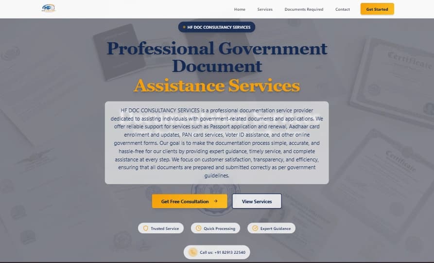 HF Doc Consultancy Services homepage describing government document assistance services with a free-consultation call-to-action