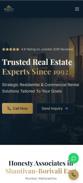 Honesty Associates real estate consultancy homepage showing the Mumbai skyline hero section and rental advisory call-to-action