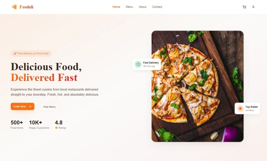 Foodeli food delivery homepage showing a featured pizza listing, delivery time estimate, and order-now call-to-action
