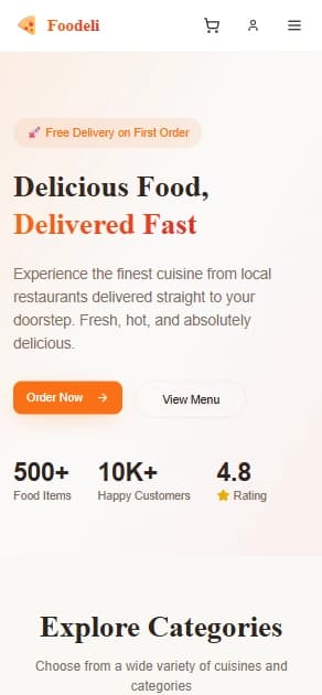 Foodeli food delivery homepage showing a featured pizza listing, delivery time estimate, and order-now call-to-action