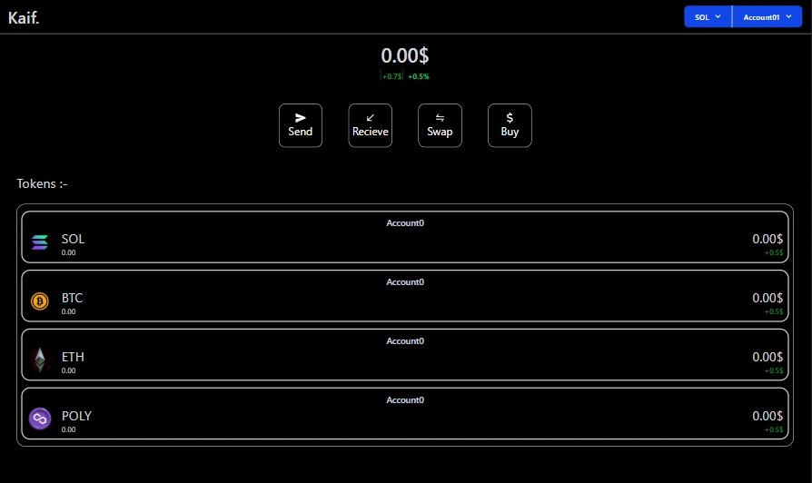 Multi-Chain Web3 Wallet interface showing Send, Receive, Swap, and Buy actions with SOL, BTC, ETH, and POLY token balances